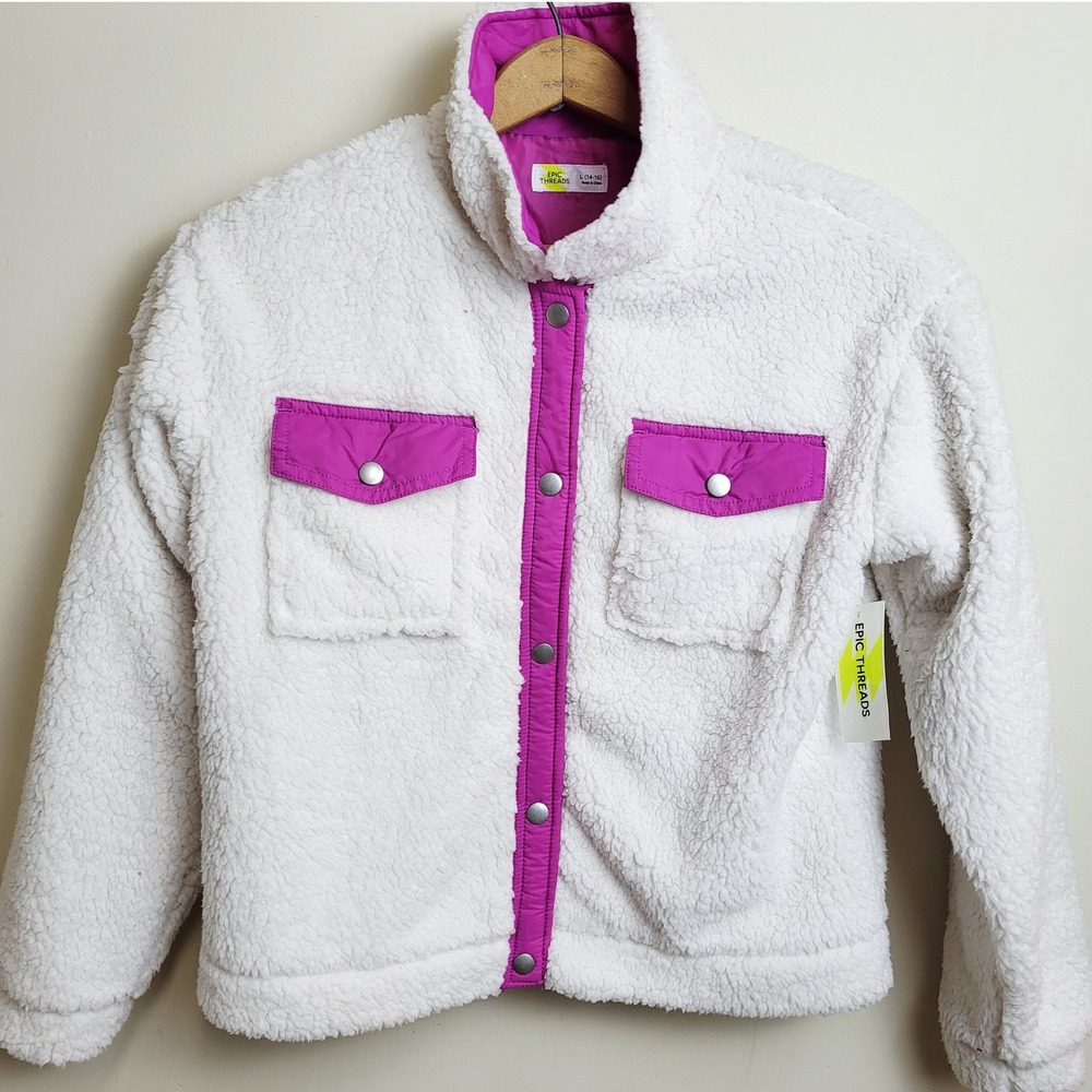 Epic Threads Girls L 14-16 Sherpa‎ Fleece Jacket White Pink Snap Front Pockets